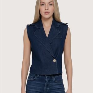 ZARA Stylish Navy Sleeveless Women’s Double Breasted Denim Vest NWT Large